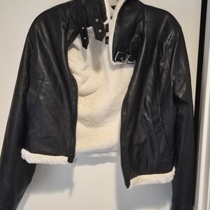 Hollister Black Faux Leather Jacket with Cream Sherpa Trim